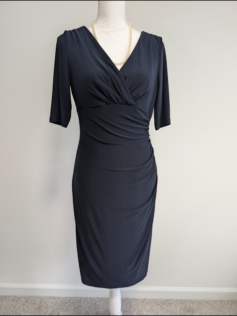 Lauren Ralph Lauren Navy Blue Stretch Ruched Short Sleeve Sheat Dress Size 8
